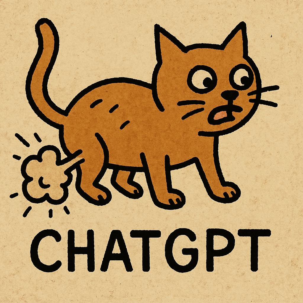 This meme features a cartoon image of a cat with a shocked expression, accompanied by the text "ChatGPT" and a crude, cartoon-style drawing of a cat defecating. The image is meant to be humorous and satirical, poking fun at the idea that the AI chatbot is so intelligent and capable that it's even capable of producing something as mundane and embarrassing as a cat's waste.